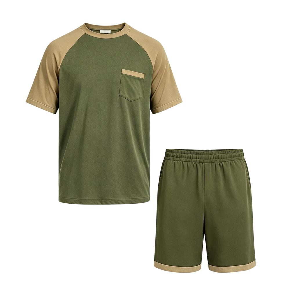 Herren Sommer-Pyjama-Set Kurzarm-Oberteil mit Tasche und passender Hose Leichte atmungsaktive Nachtwäsche Loungewear
