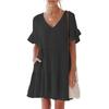 Women's Casual Short Sleeve Down Dress Summer Ruffle Pocket Elastic Waist A-Line Swing  Dresses