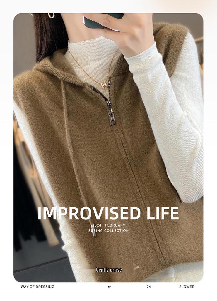 2025 A/W Hooded Wool Knit Vest - Zippered Sleeveless Sweater Coat