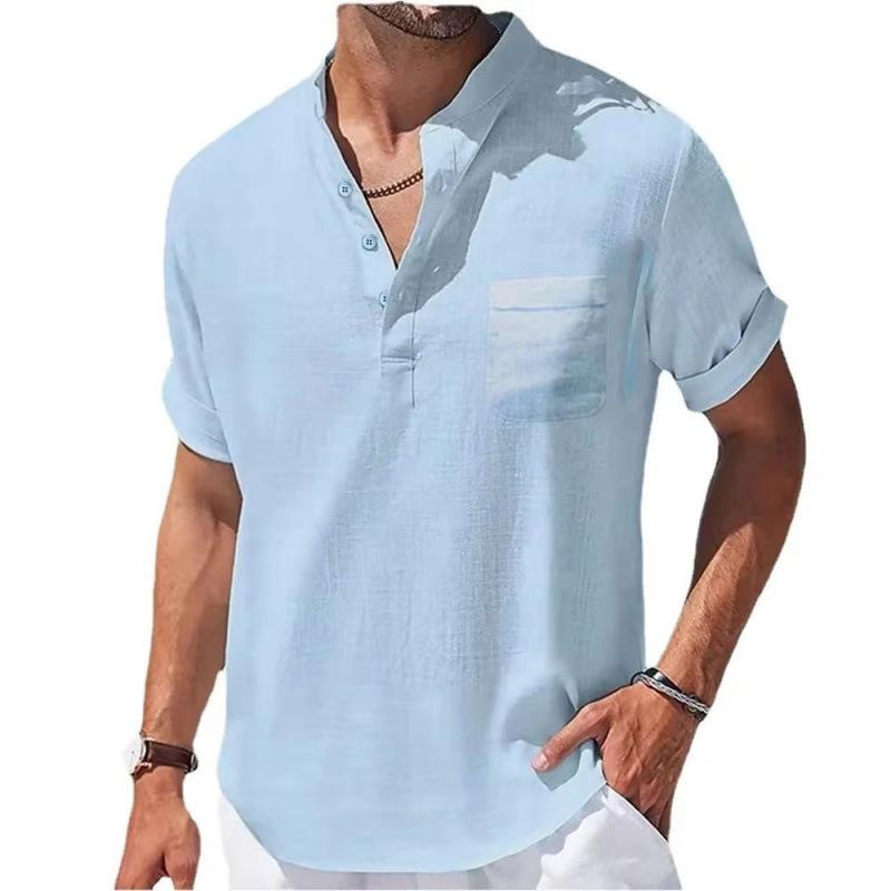 Casual Stand-up Collar Solid Color Short-sleeved Linen Shirt Fashion Breathable Loose Youth Basic Pocket Top