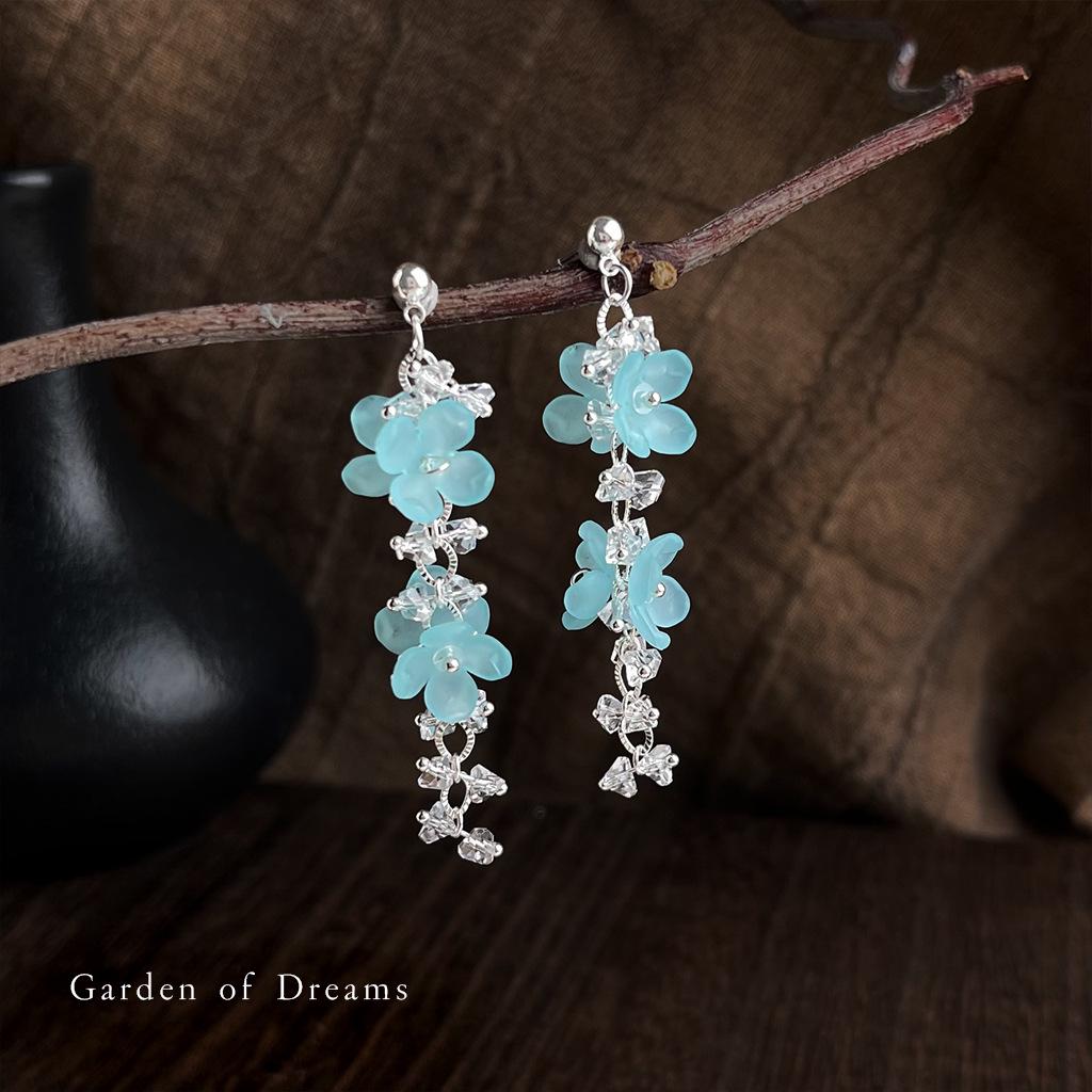 Blue Crystal Flower Tassel Earrings - Handmade, Original Design for Seaside Vacations