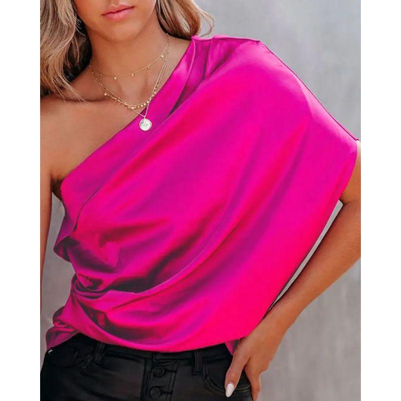 European and American-Style One-Shoulder Draped Satin Shirt