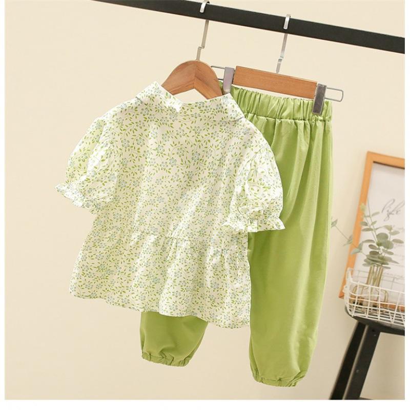 Korean Girls Summer Floral Short Sleeve Shirt And Casual Pants Two Piece Set Fashionable Outfit For Big Kids