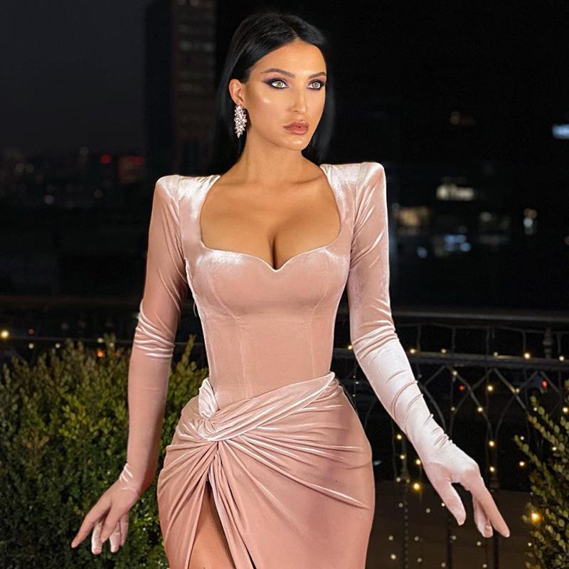 2021 Women's Fashion Slimming Sexy High Waist Velvet Evening Dress with Gloves