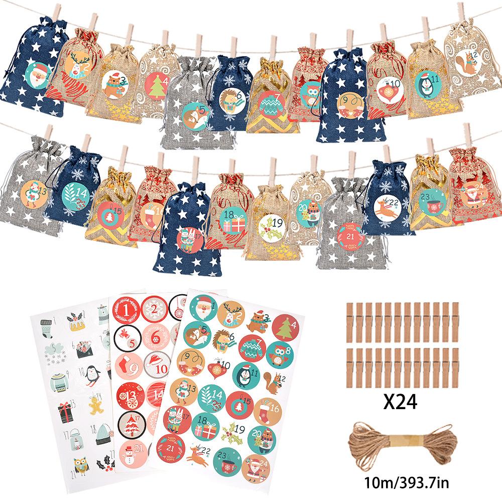 24pcs Christmas Arrival Countdown Drawstring Bag 24 Digital Linen Drawstring Bag Candy Drawstring Gift Bag