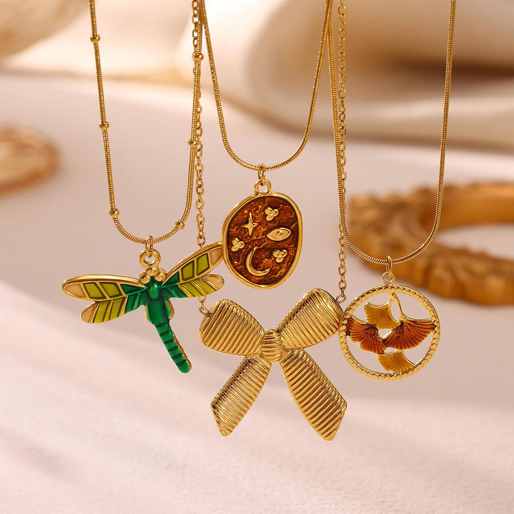 Vintage Enamel Dragonfly Bow Charm Star Moon Pendant Necklace Gold Color Dainty Ginkgo Leaf Choker For Women Boho Jewelry Gifts