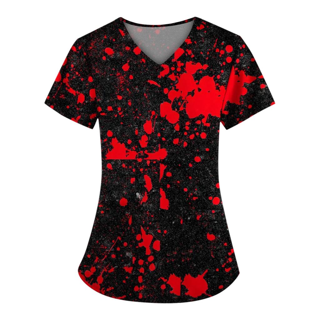 Plus SizePrinted Scrub Working Uniform Tops For Women's Cross V-Neck Halloween Print Short Sleeve Fun T-Shirts Workwear Tee With Pockets