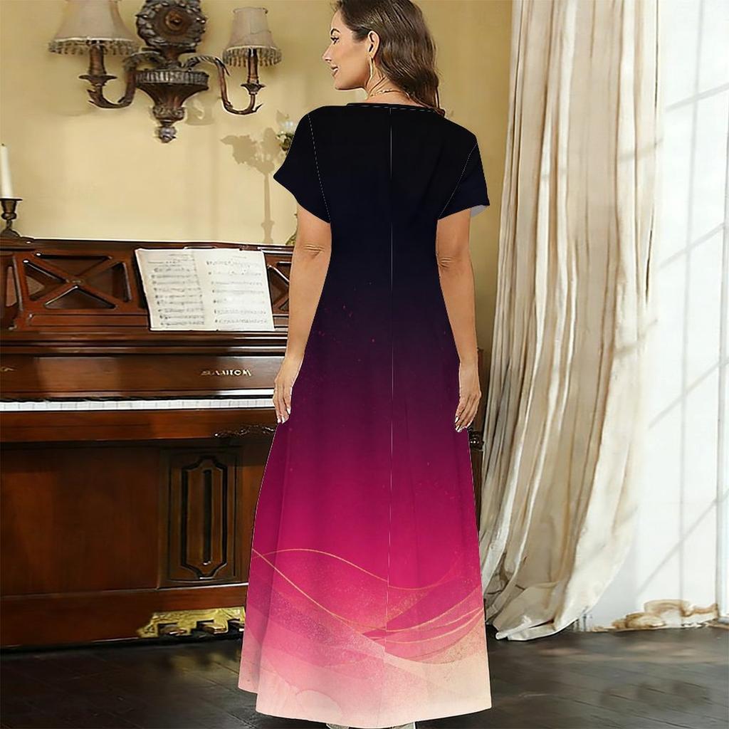 Women Plus Size V Neck Short Sleeve Colorful Swirl Printed Long Maxi Dress
