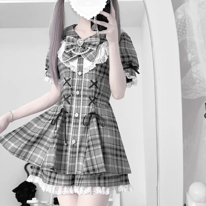 Japanese Y2 Aesthetics Vintage Bow Dress Shorts Set Women Gothic Lolita Style Long Sleeve Shirt Dress Elegant Party Dress Suits