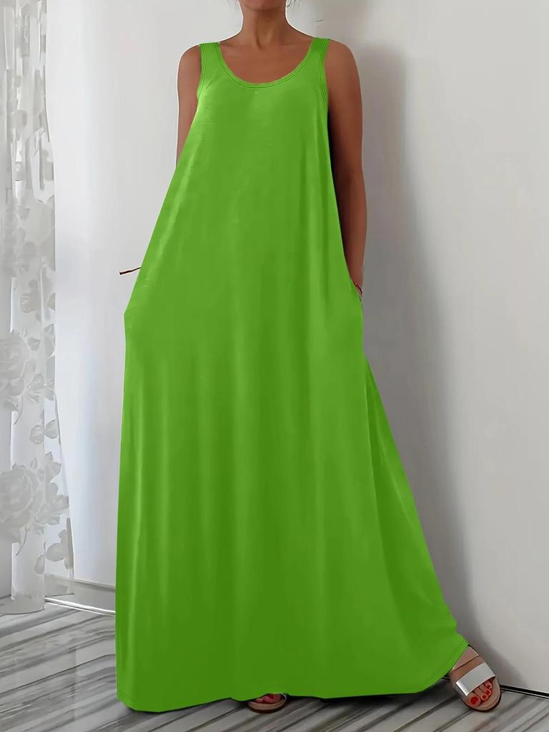 Plus Size Summer Solid Color Dress with Side Pockets (European and American Style)