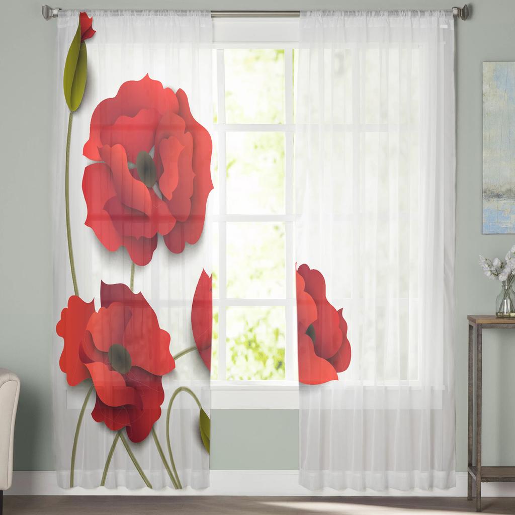 Red Poppy Flower White Chiffon Sheer Curtains for Living Room Bedroom Home Decoration Window Voiles Tulle Drapes Curtain