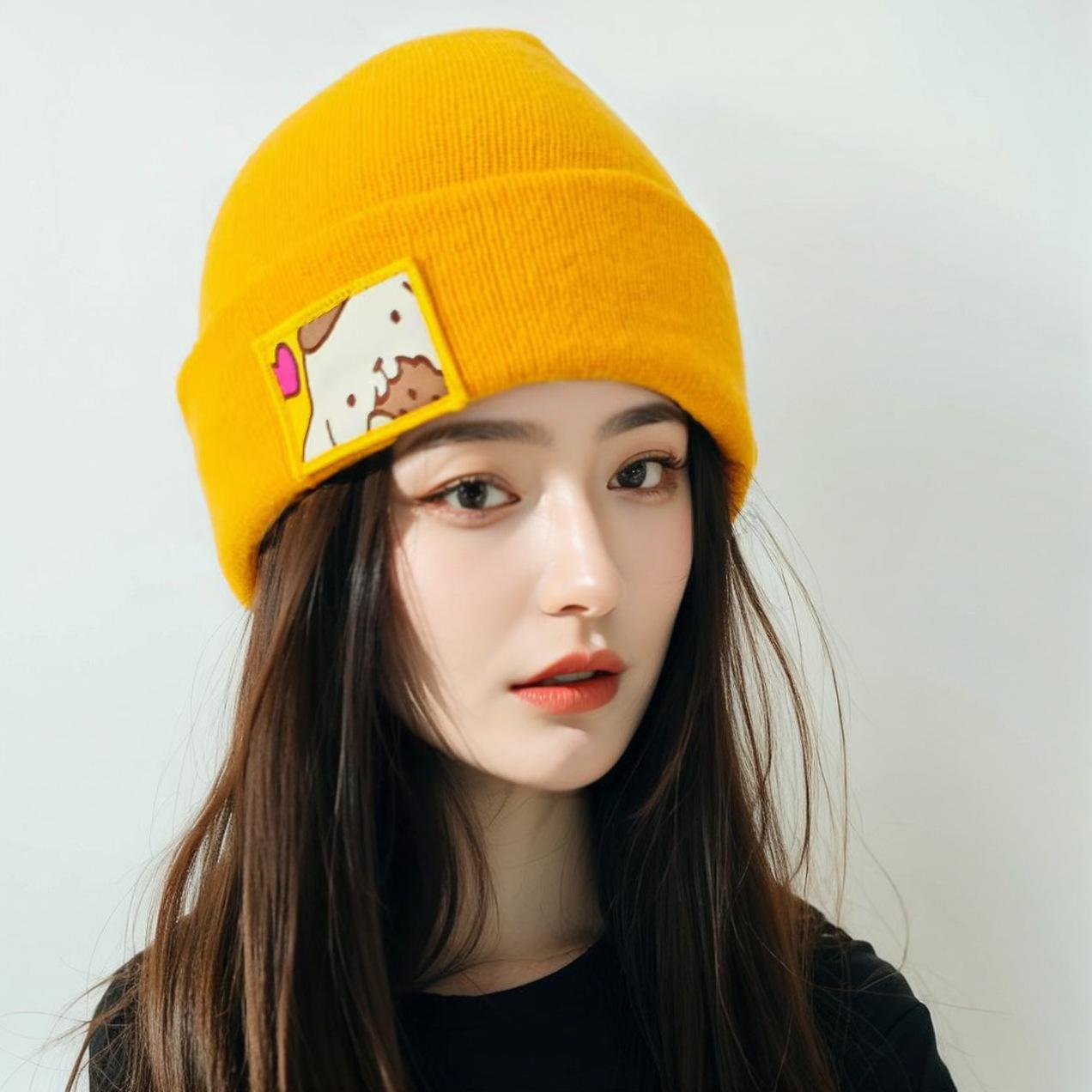 

Милая вышитая мультяшная вязаная шапка-бини, теплая и ветрозащитная шерстяная шапка для осени и зимы жёлтый