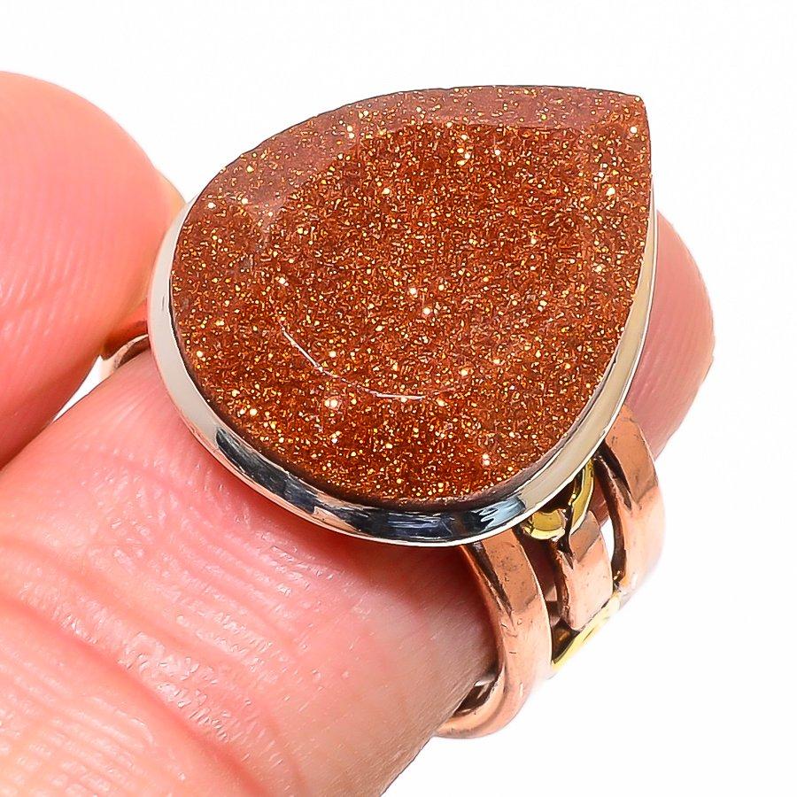 Natürlicher Sonnenstein Edelstein Zweifarbig 925 Sterlingsilber Schmuck Ring S.7.5 f0s98