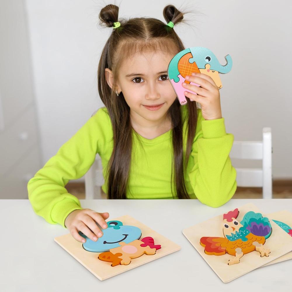 Cartoon 3D Children Wooden Puzzle Embedded Animal Jigsaw Puzzles 2 in 1 Animal Cognition Early Learning Puzzle Playset