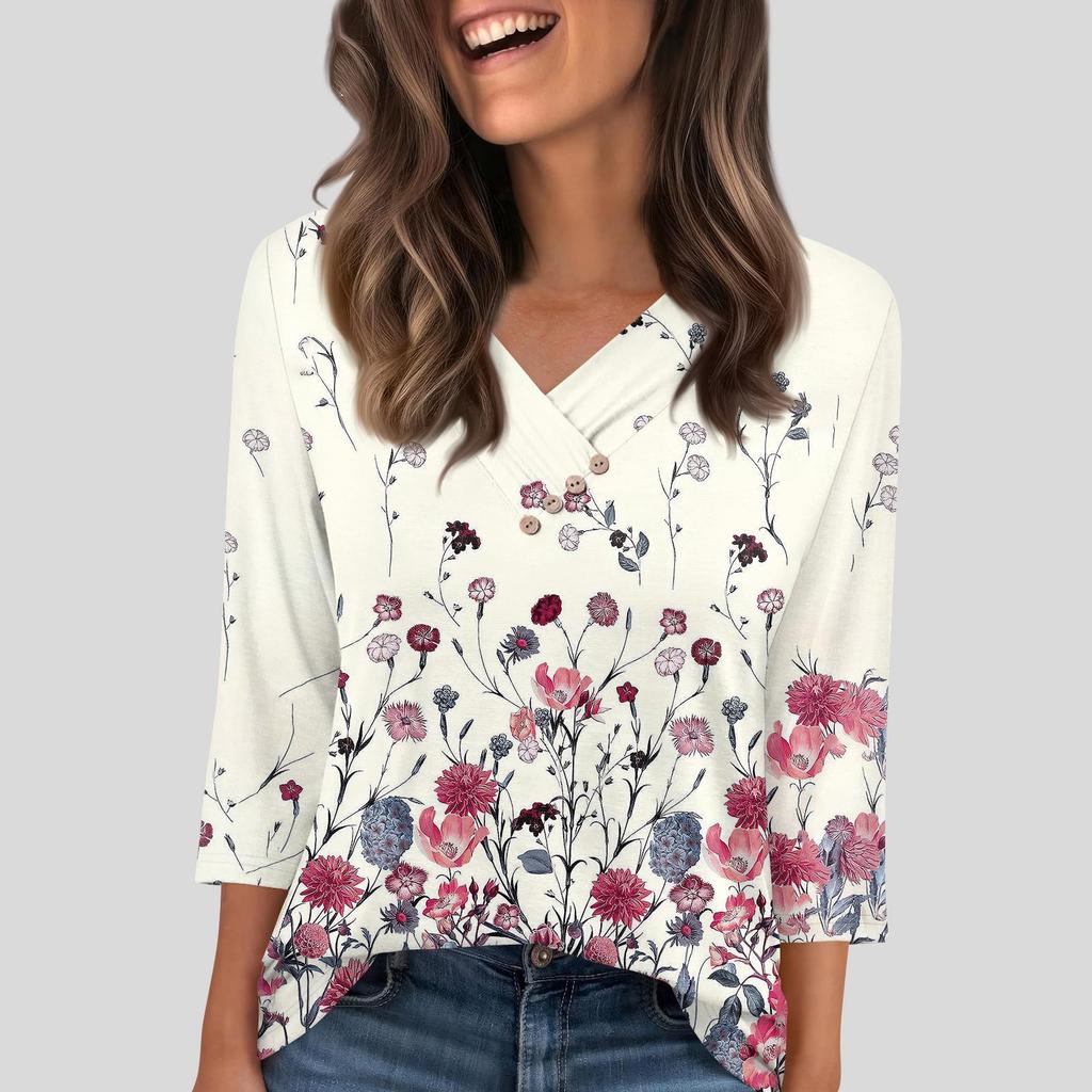 Women's T Shirt Tee Button  3/4 Sleeve Tunic Daily Weekend Fashion Basic V- Neck Regular Top
