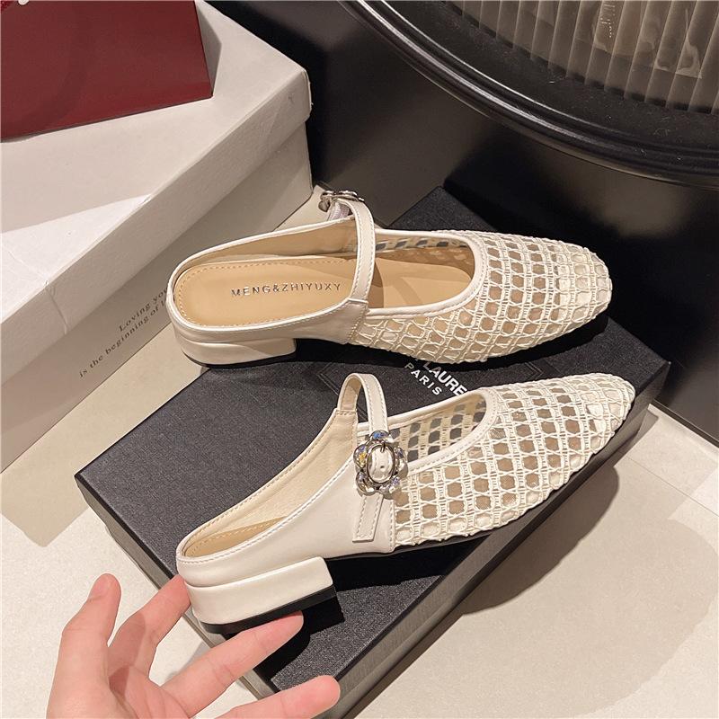 Square Head Thick Heel Single Shoes Women's 2025 New Summer Woven Breathable Hollow Mary Jane Sandals Middle Heel One-word Buckle