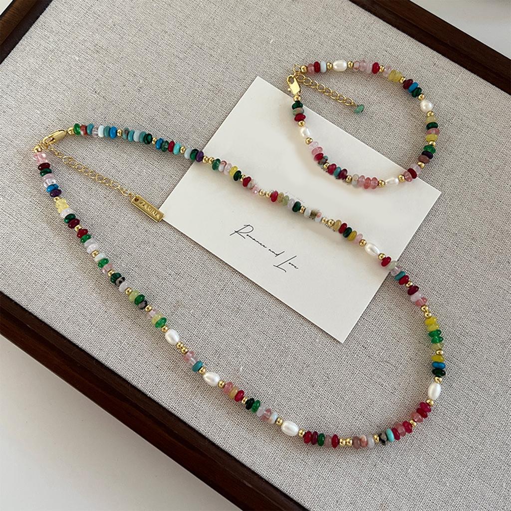 Fashionable Colorful Beads Natural Pearls Necklace Bracelet for Women Retro Gold Chain Jewelry Special Gifts Wear