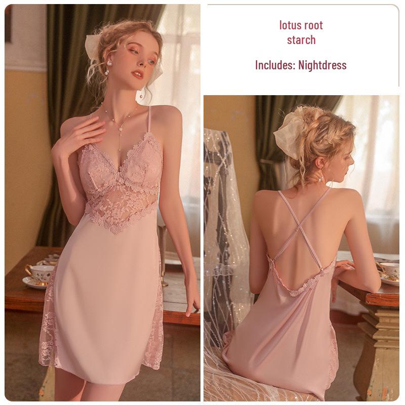 Satin Backless Lace Nightgown with Padded Deep V & Tie-Waist Robe Set