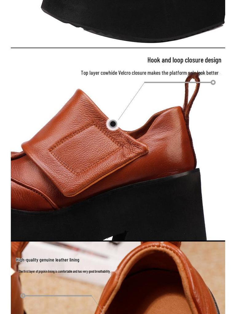 Women's Genuine Leather Platform Shoes 2025: Autumn/Winter Pure Cowhide Petite Height-Increasing Hook & Loop Single Shoes