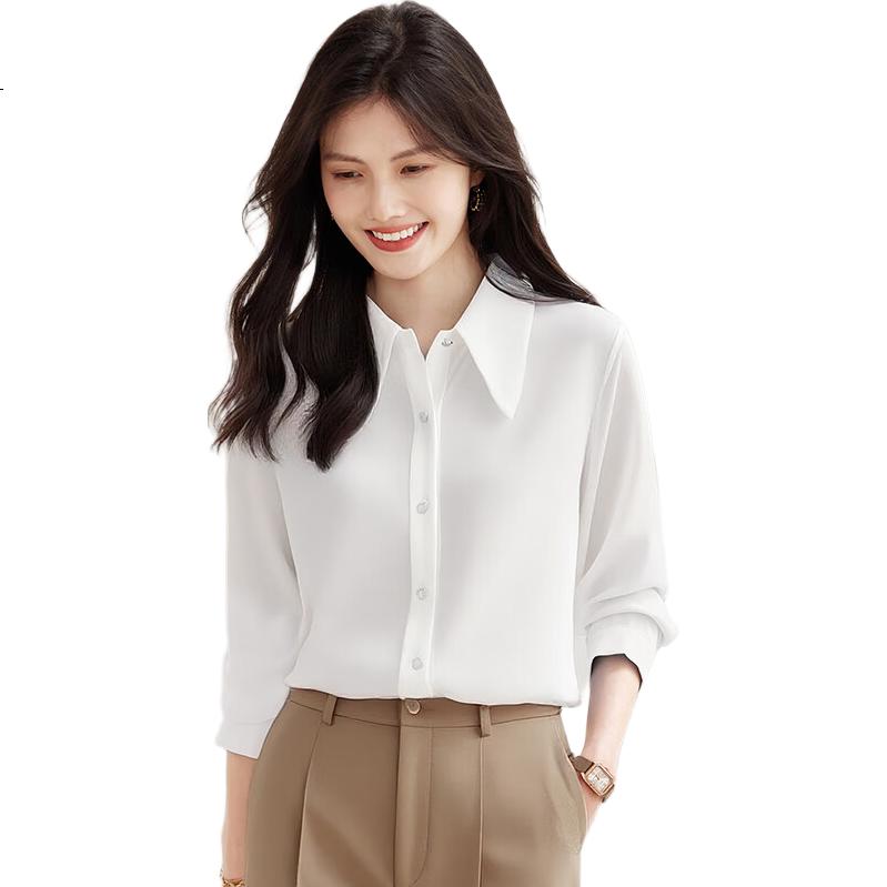 She Enjoy Long Sleeve Vintage Simple White Shirt Women's Commuting Versatile Chiffon Blouse Cardigan T143C2003