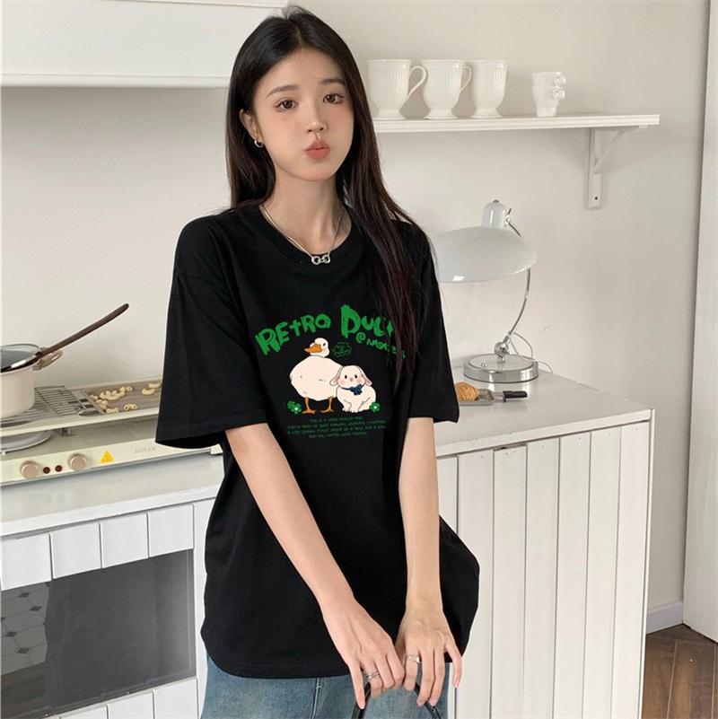 GMXIA Sommer Vintage Damen T-Shirt mit Aufdruck Reine Baumwolle Kurzarm T-Shirt Damen Ins Mode Locker Lässig mit Damenoberteil