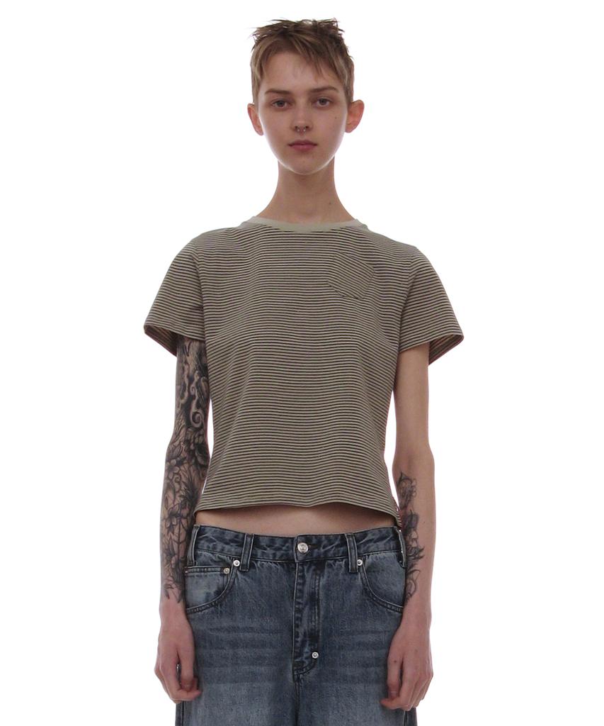 PARTIMENTO WOMEN Pwc Pocket Stripe Regular Tee_Light Khaki