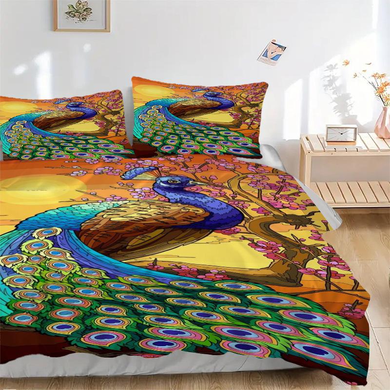 3pcs Peacock Feather Duvet Cover Set - Includes 1 Duvet Cover and 2 Pillowcases, No Quilt Core, All-Season Home Decor yy251111084