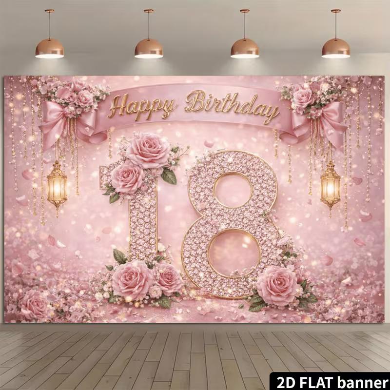 2D Pink 18th Birthday Backdrop Photo Booth Props with Sparkles