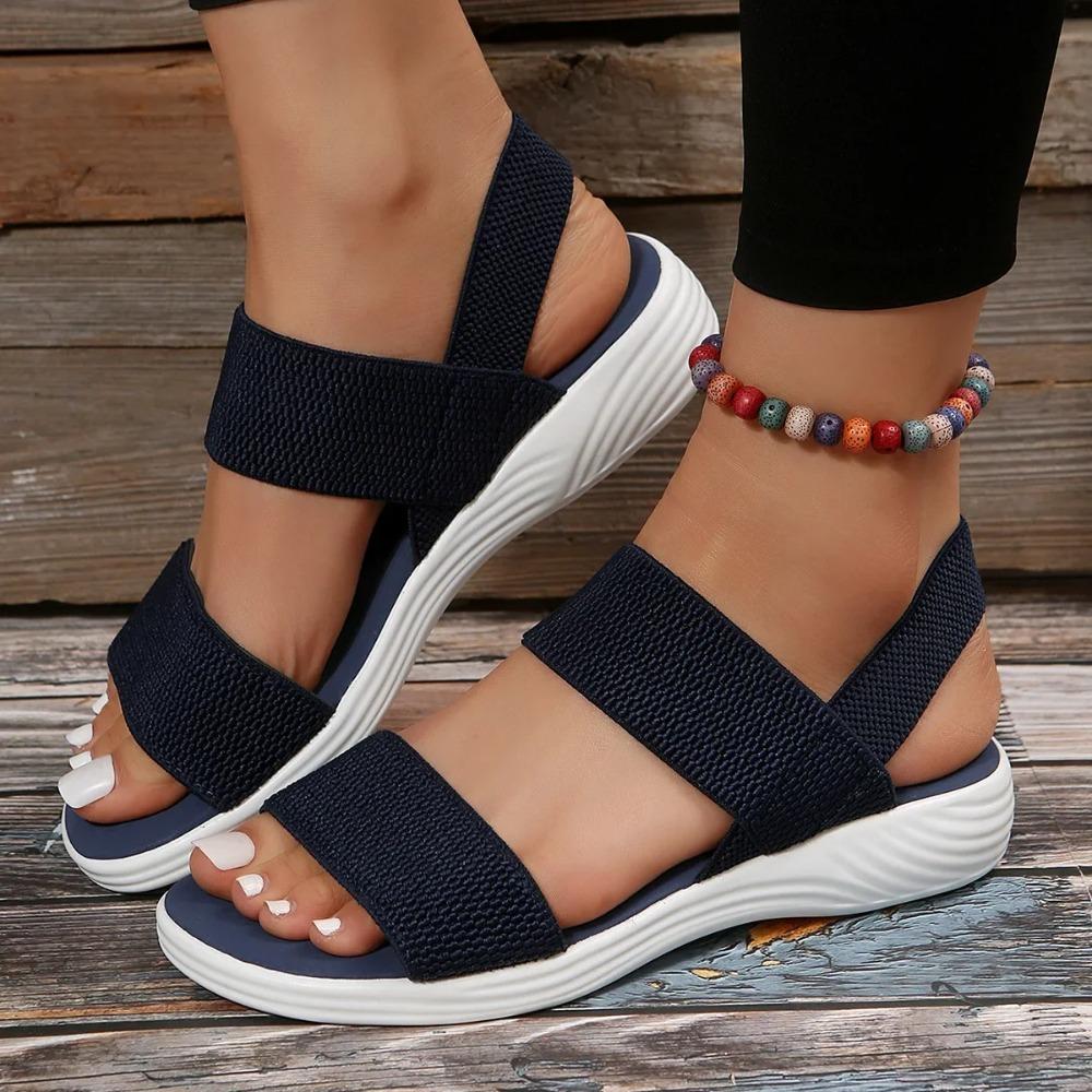 Damen-Sandalen aus elastischem Strickstoff mit Keilabsatz, zum Reinschlüpfen, leichte Wandersandalen, bequeme Sommerschuhe in Übergröße