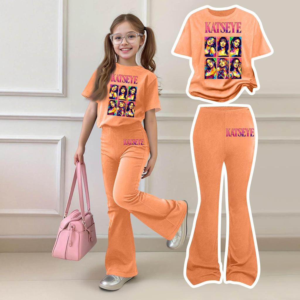 Kids Girls Casual Short Sleeve Printed Outfit Set for Play and Daily Wear
