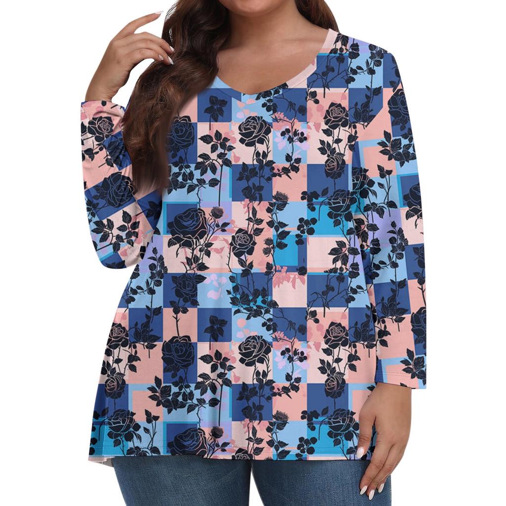 Modisches lässiges Langarm-Oberteil für Damen in Übergröße mit Blumenprint Übergröße Blumenprint-Oberteil