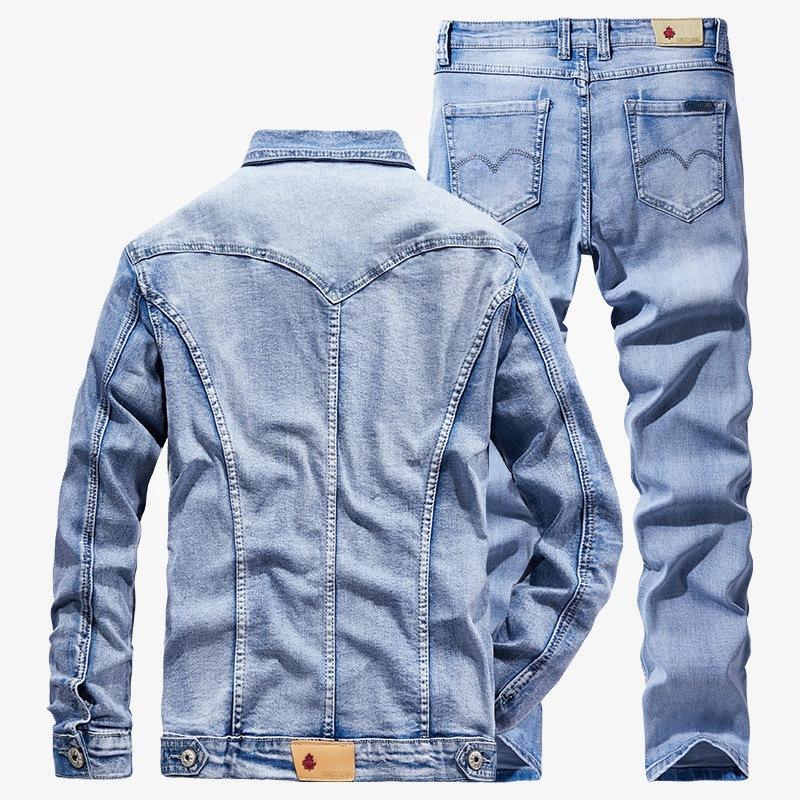 Men's Plus Size Spring and Autumn  Long Sleeved Models Retro Denim Jacket + Loose Jeans for Sports Two Piece Set
