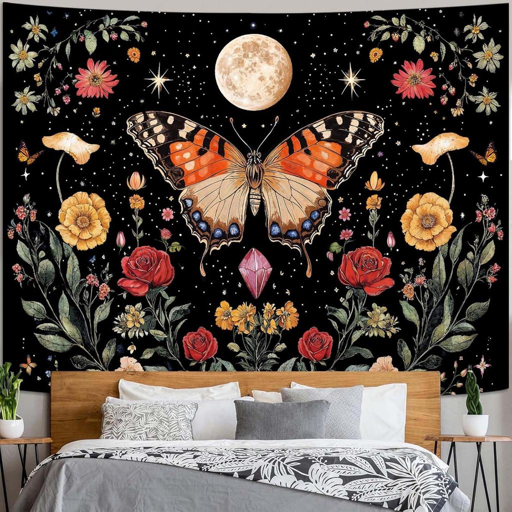 Butterfly Tapestry Moon Star Retro Floral Crystal Plant Aesthetic Tapestries for Bedroom Night Sky Room Decor Tapestries Wall