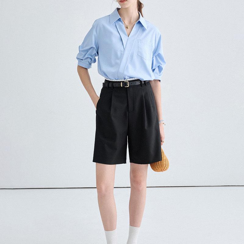 V-neck Short Sleeved Polo Neck White Shirt Women's Commuting Elegant Solid Colour Loose Blouses Thin Top Spring and Summer