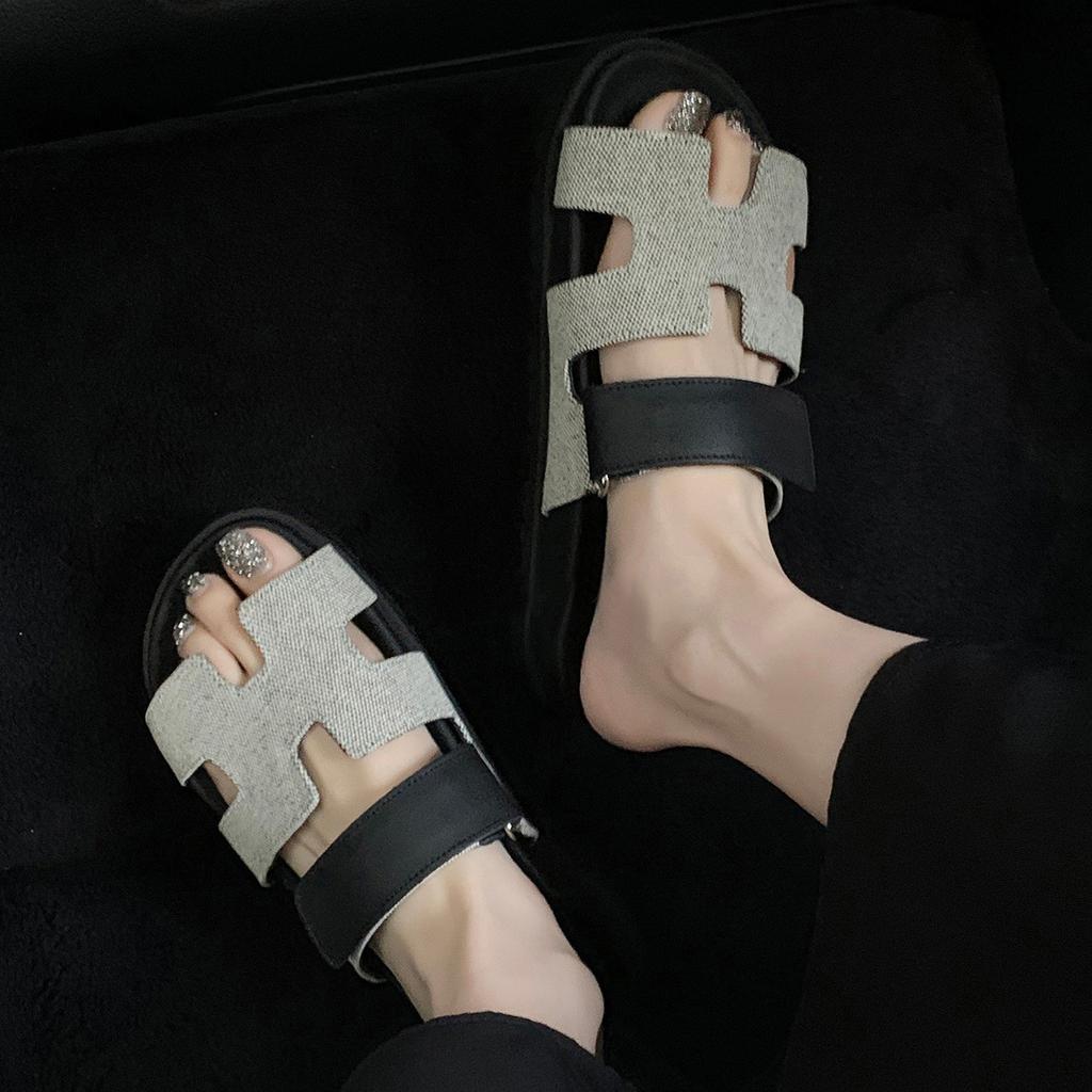 Sheepskin Version~ Internet Celebrity Second Uncle Shoes Casual One-word Slippers Women Wear 2025 New Thick-soled Velcro H Cool Slippers