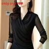Elegant Womens V Neck Mesh Long Sleeve T Shirt With Spliced Design For Casual Wear
