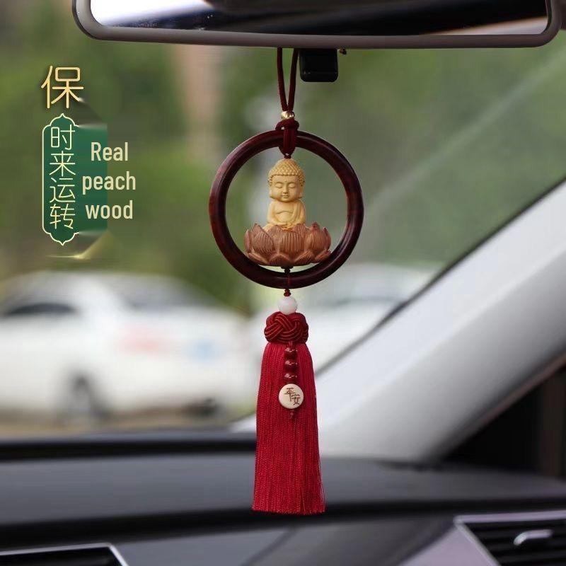 Peach Wood Lotus Guanyin Car Pendant: Zodiac Blessing Ornament