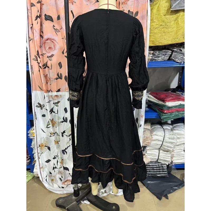 Vintage V-Ausschnitt Damen Langarm Langes Kleid Idyllisch Lässiges Langarmkleid Langes Kleid