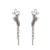 Silver Needle Diamond Heart Earrings: European & American Fashion Long Tassel Bow, Vintage Style for Women.
