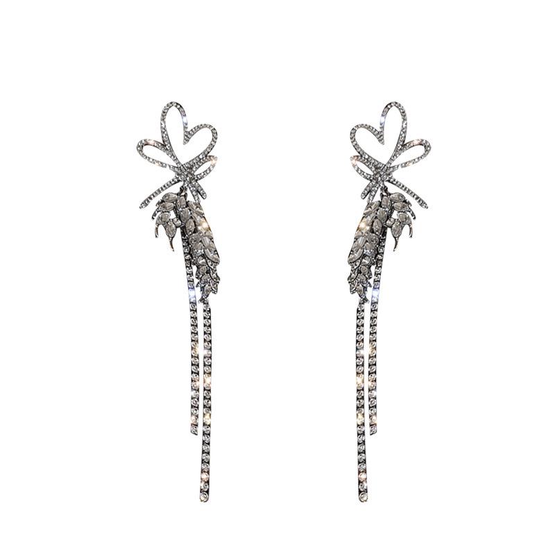 Silver Needle Diamond Heart Earrings: European & American Fashion Long Tassel Bow, Vintage Style for Women.