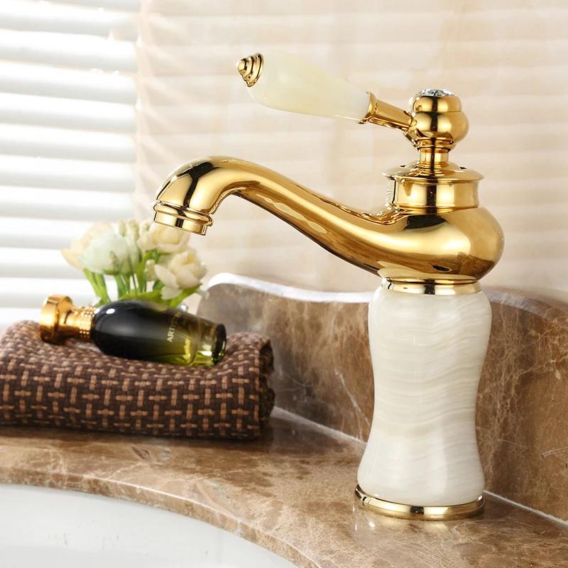 Gold Faucet Wall Mount Bathroom Washbasin Sink Faucet Brass Jade Crystal Cold Hot Mixer Taps Torneira ZR251