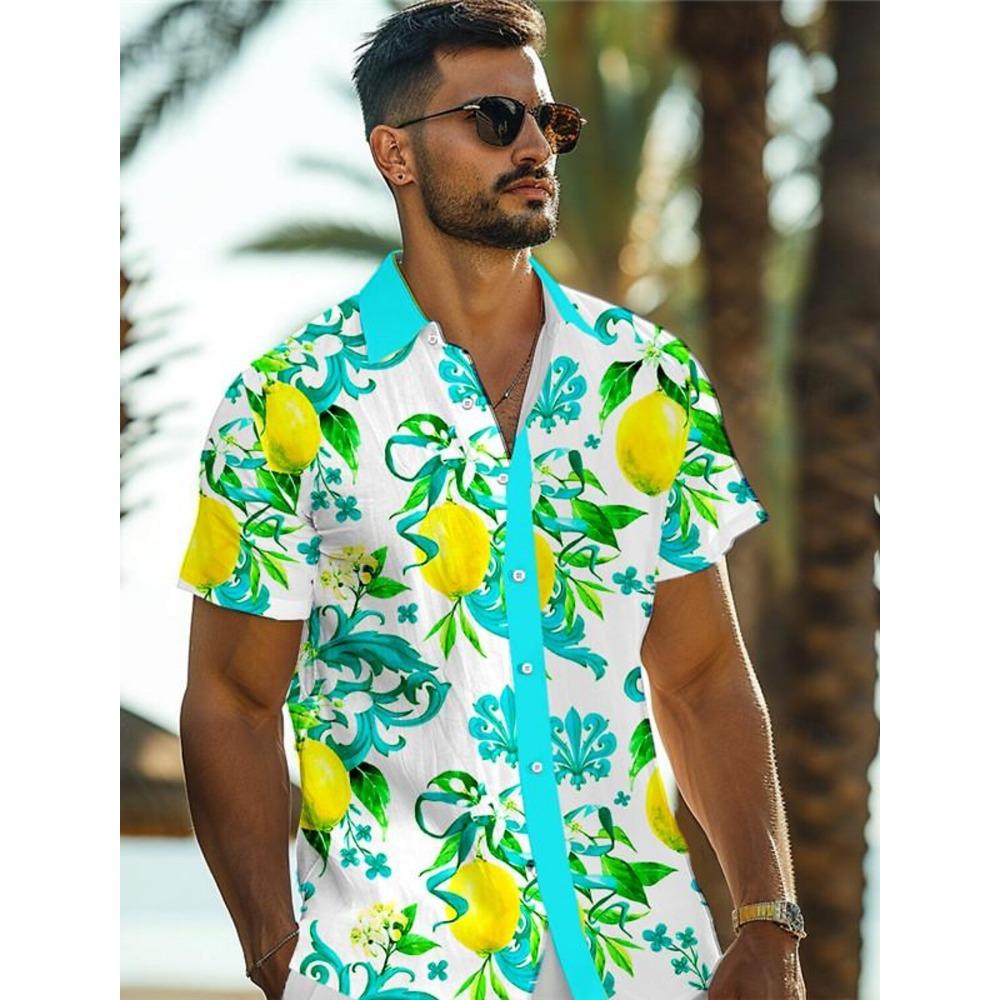 Lemon Tropical Men's Resort Hawaiian 3D Printed Shirt Button Up Short Sleeve Tee Summer Beach Shirt Vacation Daily Wear