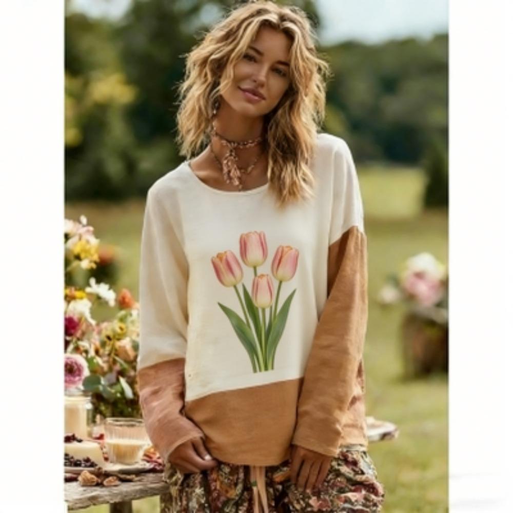 Stile Europa America Stampa Floreale T-shirt da Donna Top Moda Street Donna Manica Lunga Abbigliamento Outdoor Casual Maglietta Felpa