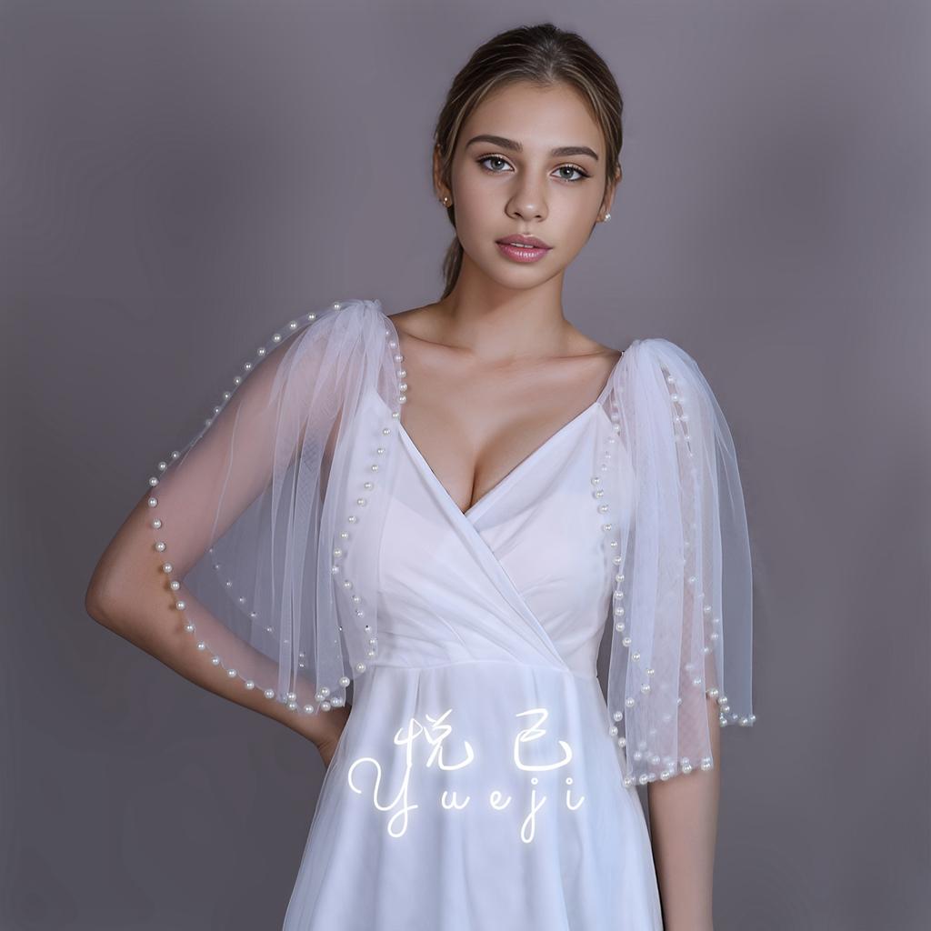 Detachable Glitter Tulle Puff Short Sleeve Cuffs, Mixed Size Pearl Beaded Sheer Arm Covers for Wedding Bridal Evening Dress