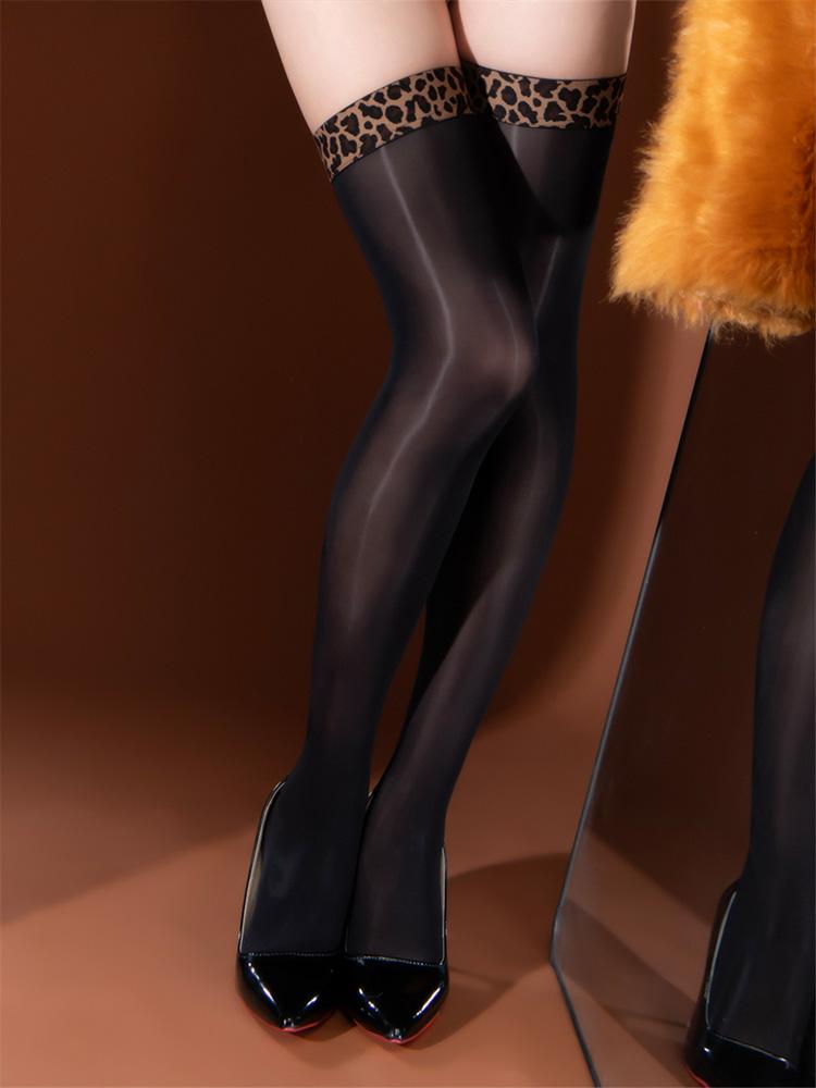 Sexy Women Oil Glossy Shiny Overknee High Stockings Leoprad Vintage Tights Sheer See Through Shaping Elastic Cute Stockings