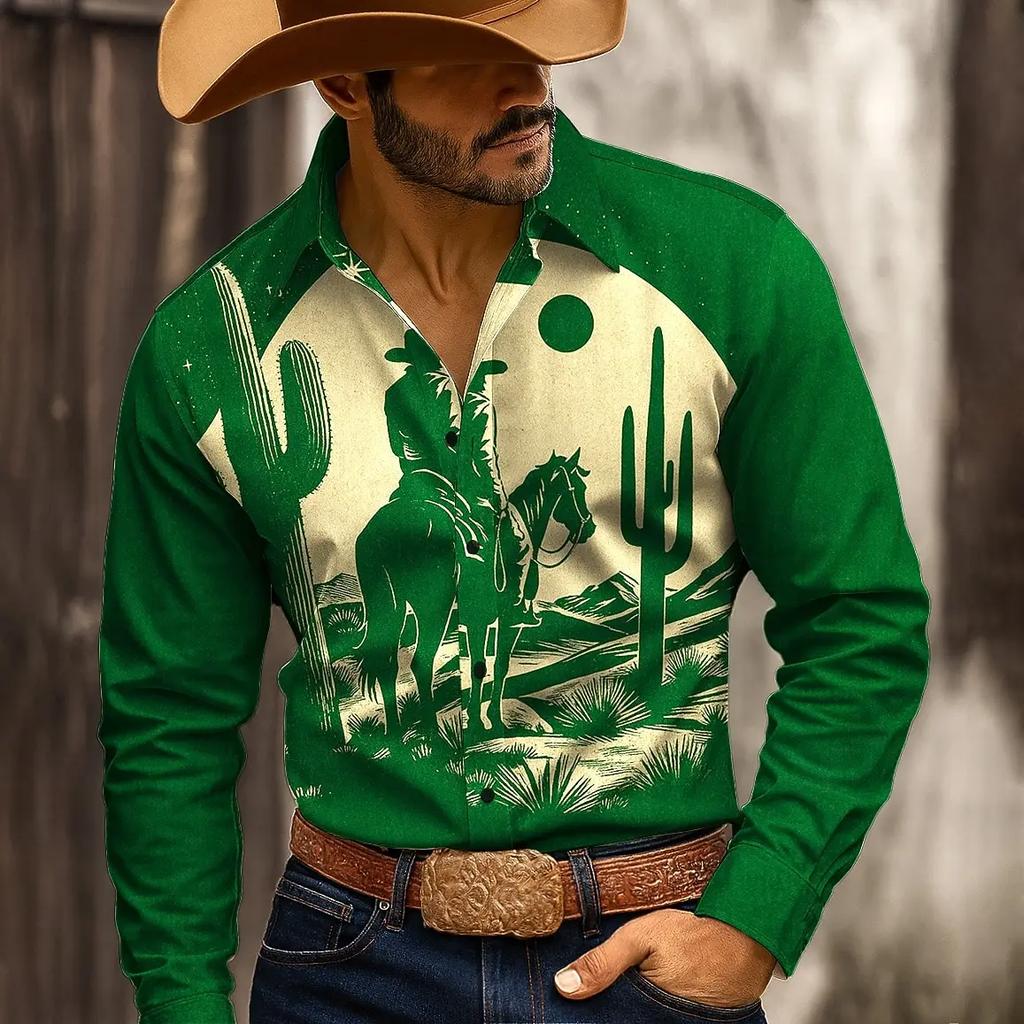 Western Style Long Sleeve Shirt, Cowboy Desert Print, Casual Fashion Men's Shirt