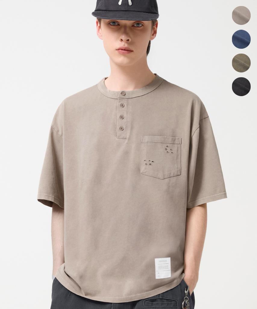 TRILLION Vintage Work Patch Pigment Henley Neck Short Sleeve_4Color
