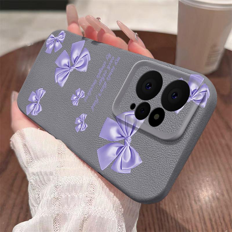Purple Bowknot Print Leather Texture TPU Matte Case For Xiaomi 13T Poco X6 M6 Redmi Note 14 Pro 13 12 11 Lens Protection Soft Shockproof Phone Cover