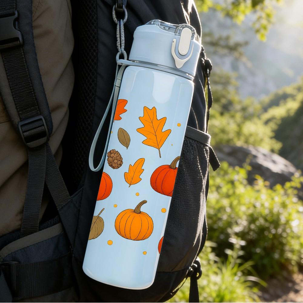 1PC Autumn Pumpkin Leaf Harvest Pattern 750ml Color Plastic Sports Water Bottle Leakproof Flip Straw Lid Suitable for Sports Office Home Use