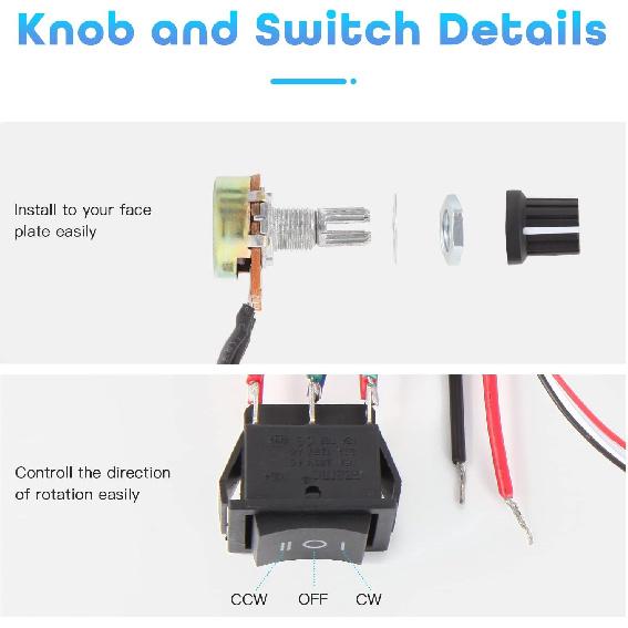 PWM DC Motor Speed Controller, DC 9V-60V & 10A Rated Brush Motor Stepless Speed Controller with Forward-Brake-Reverse Switch & Ajustable